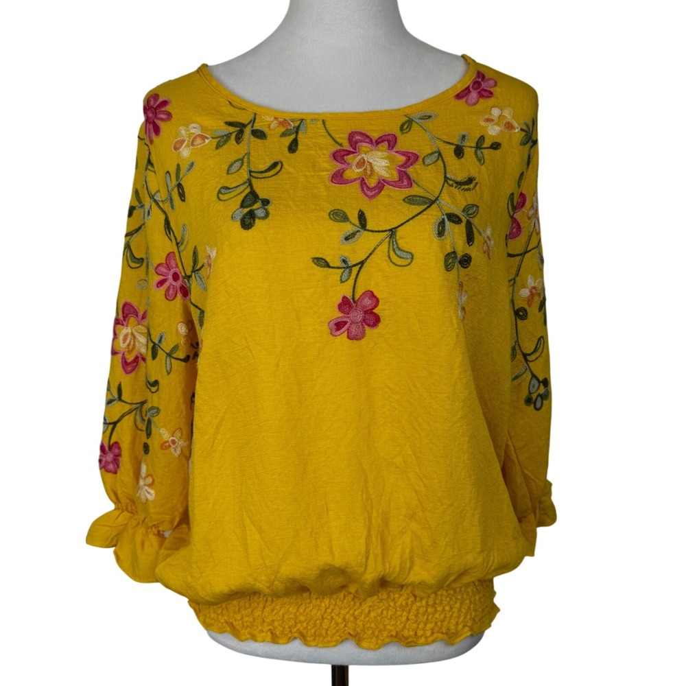 Sapphire Embroidered Blouse Women's Large Yellow Floral Smocked Waist 3/4 Sleeve